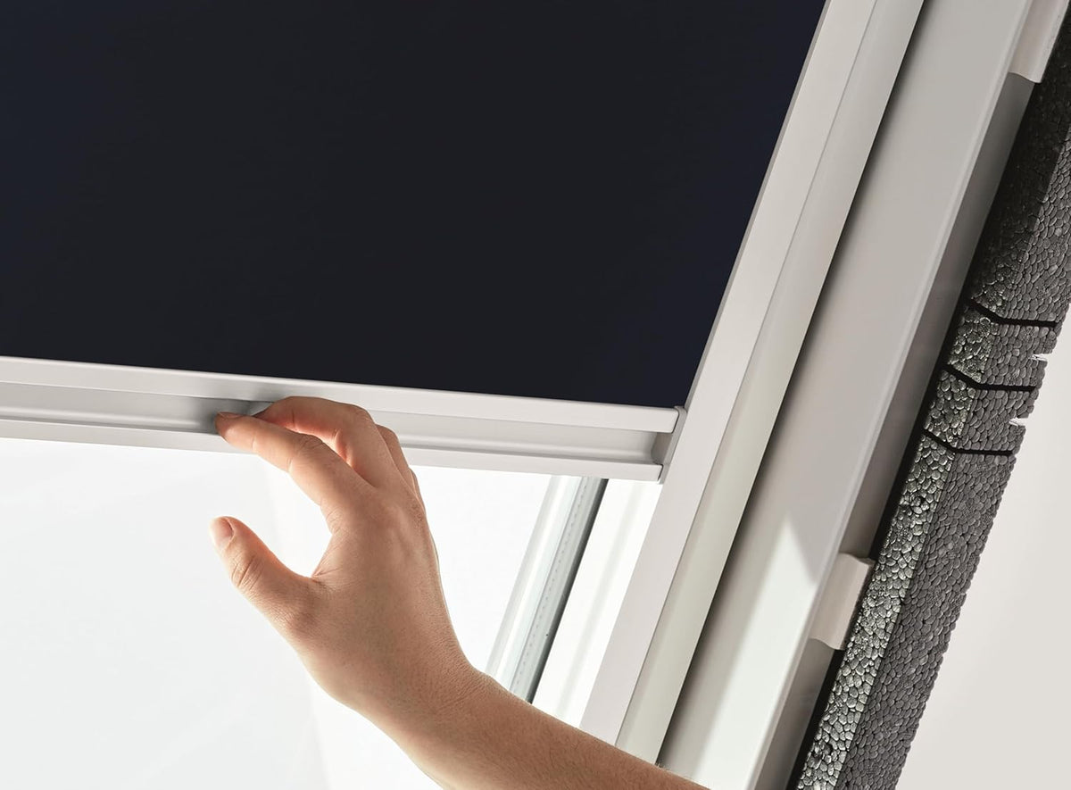 Original Roto Blackout Roller Blind ZRV Almost Full Darkening Guide Rail White For Roto Skylight Series Designo R4/R7 and Classic 43/73 with Size 074/118 | 07/11 Night Blue - QUORE