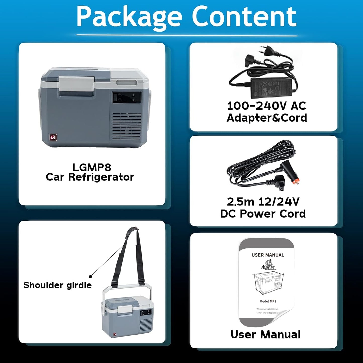 Alpicool LGMP8 8L Mini koelkast compressor Auto Koelkast, draagbare elektrische Autokoelkast 12/24V DC en 100-240V AC voor auto, vrachtwagen, camping(Batterij niet meegeleverd)