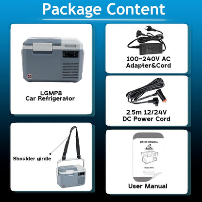 Alpicool LGMP8 8L Mini koelkast compressor Auto Koelkast, draagbare elektrische Autokoelkast 12/24V DC en 100-240V AC voor auto, vrachtwagen, camping(Batterij niet meegeleverd)
