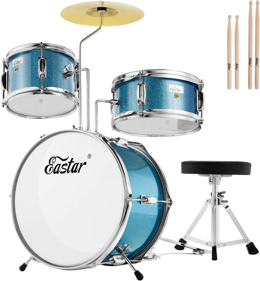 Eastar 3-delig voor kinderen, 3-delig voor beginners, 14 inch drumset met verstelbare troon, bekken, pedaal en twee paar drumsticks, junior drumset met bas Tom snaredrum, metallic hemelsblauw