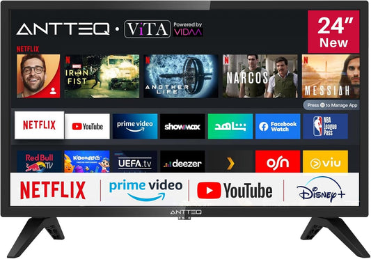 AntteQ AV24H3 Smart TV 24 Inch (60 cm) Televisie met Netflix, Prime Video, Rakuten TV, Disney+, Youtube, UVM, Wifi, Triple Tuner DVB-T2 / S2 / C