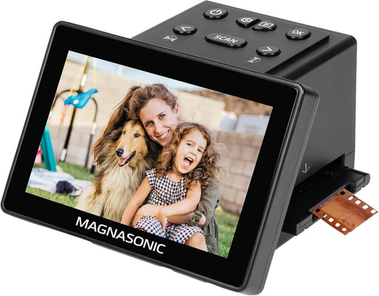 Magnasonic Alles-in-één 25MP filmscanner met groot 5" scherm en HDMI, converteert 35mm/126/110/Super 8 Film & 135/126/110 dia's in digitale foto's, ingebouwd geheugen