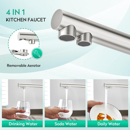 CREA 4-weg waterkraan keuken, 360° draaibare keukenkraan sodawater, mengkraan keuken, spoelbakarmatuur van roestvrij staal