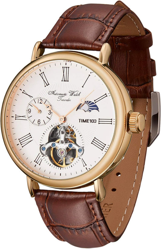 TIME100 Heren automatisch horloge Navigator-serie Tourbillon-stijl dubbele tijdzone zakelijke kalender mechanisch horloge lederen band