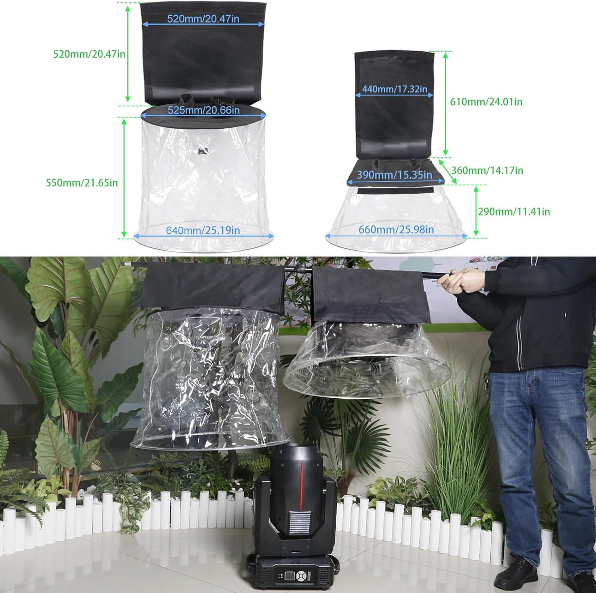 WECAN Professionele regenbescherming voor moving-heads, waterdichte en stofdichte accessoires voor podiumverlichting, transparante regenbescherming voor verticaal hangende podium moving-heads