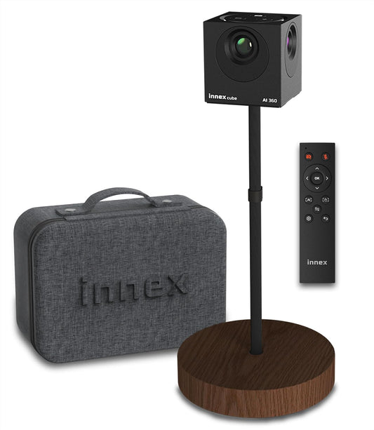 Innex Cube 4K KI-aangedreven 360° conferentiecamera, dubbele microfoon, ultrabrede hoek lens, AI automatische focus, flexibele kijkhoek, 5 modi, met afstandsbediening, voor zoom/teams/Webex