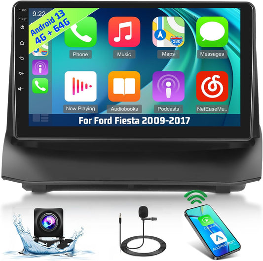 [4+64G] Carplay Radio for Ford Fiesta 2009-2017 - 9 inch IPS 1280 * 720P Touch Screen EQ Audio - Wireless Android Auto, AI DSP, Homepage Customize, SWC + AHD Rear Camera - QUORE