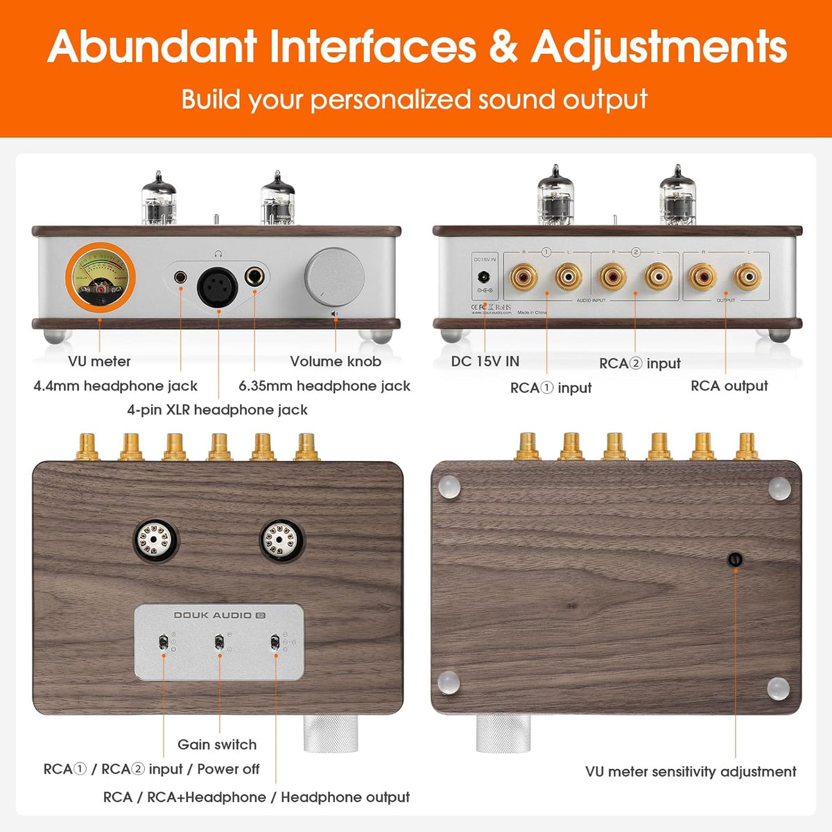 Douk E2-buizen hoofdtelefoonversterker met XLR/4,4 mm/6,35 mm/RCA uitgangen, hifi-stereo voorversterker met VU-meetapparaat voor hoofdtelefoon, thuisversterker, actieve luidsprekers