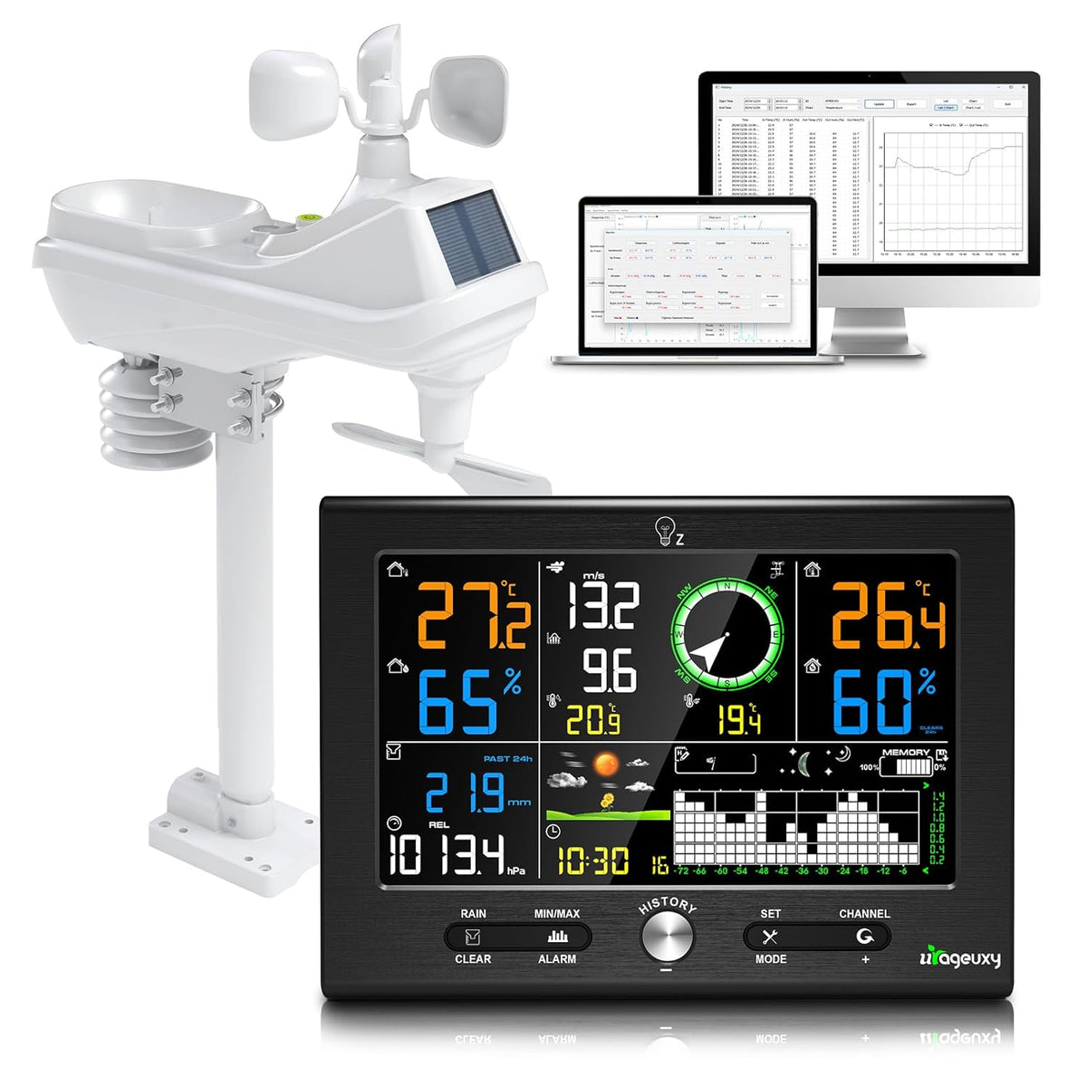 Urageuxy Draadloos weerstation met buitensensor, 7-in-1 professioneel weerstation met regenmeter en windmeter, 7,6 inch display, DCF-klok, datasoftware, binnen- en buitenthermometer, hygrometer