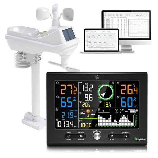 Urageuxy Draadloos weerstation met buitensensor, 7-in-1 professioneel weerstation met regenmeter en windmeter, 7,6 inch display, DCF-klok, datasoftware, binnen- en buitenthermometer, hygrometer