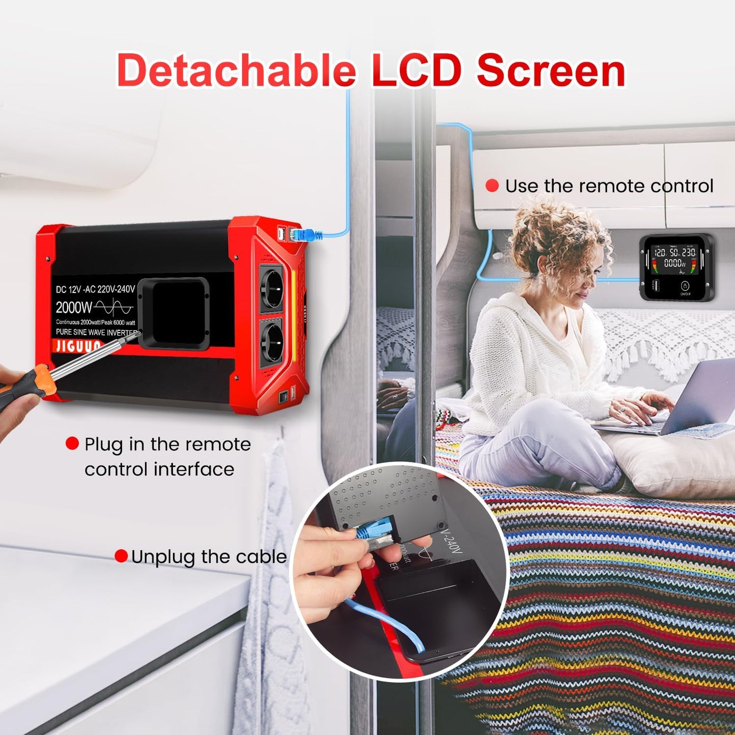 JIGUUN 2000W Omvormer 12V 230V Zuivere sinus Converter inverte met 2 EU stopcontacten & 3 USB+Tycp-C poorten, afneembare afstandsbediening en LCD display Piekvermogen 6000W