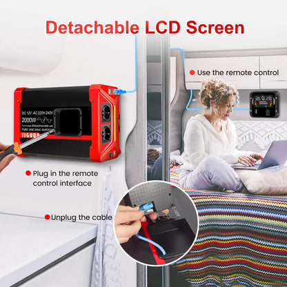 JIGUUN 2000W Omvormer 12V 230V Zuivere sinus Converter inverte met 2 EU stopcontacten & 3 USB+Tycp-C poorten, afneembare afstandsbediening en LCD display Piekvermogen 6000W