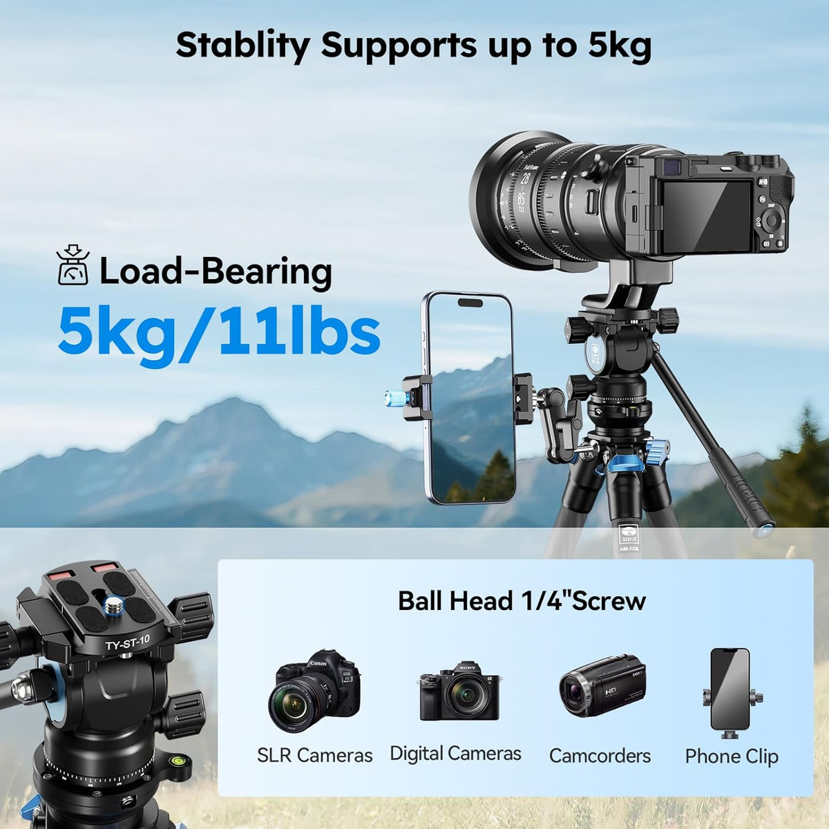 Mini Videostatief – Statief – Tafelstatief – Camerastatief – Reisstatief – Koolstofvezel – Nivelleringsbasis 15° – 360° Panorama Fluid Head