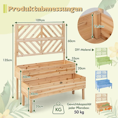 FANTASK Bloembak met latwerk van dennenhout, tuinspalier met 2 rankkasten, plantenbak voor klimplanten, verhoogd bloembed met rankrooster en drainagegat (natuur)
