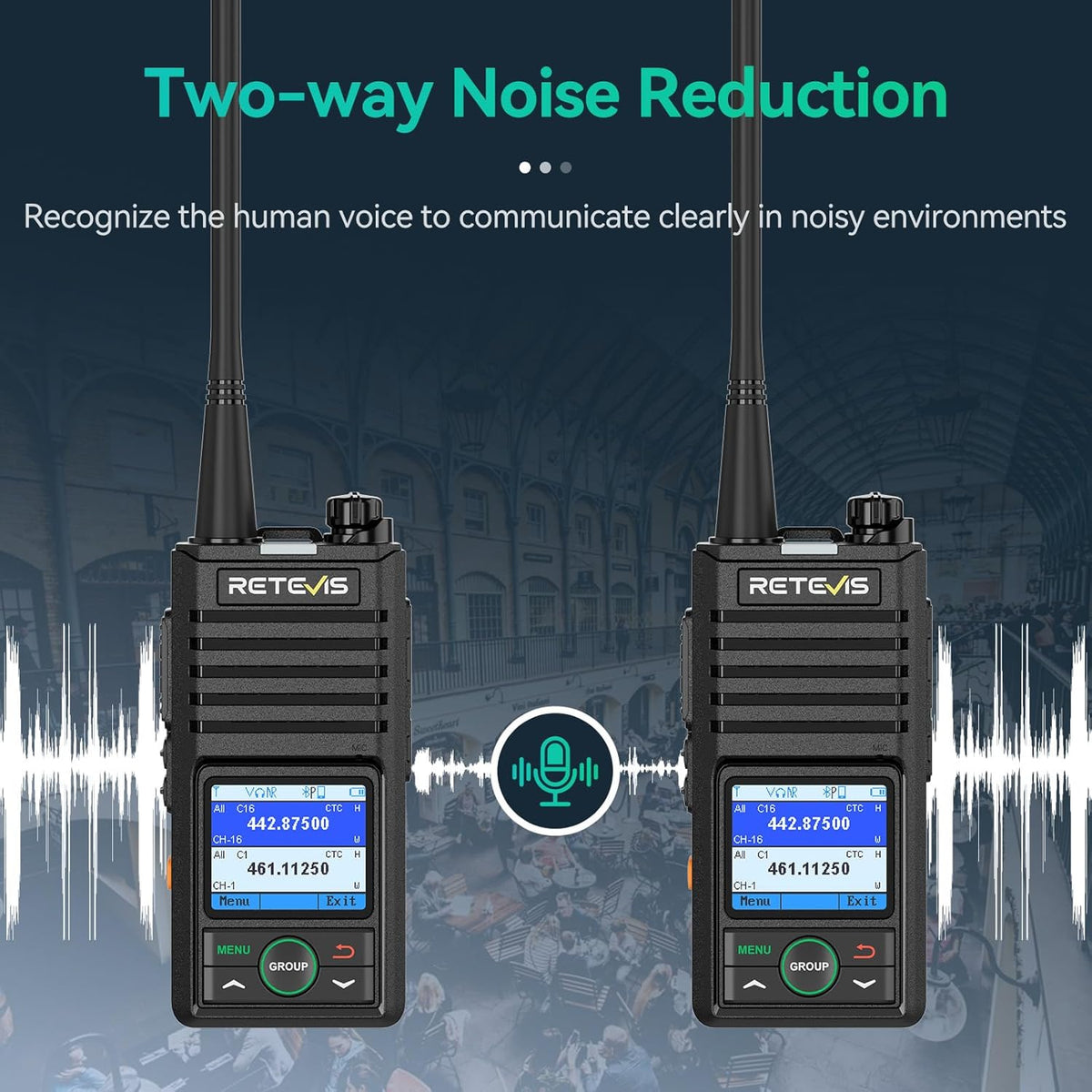 Retevis RB658 Bluetooth Walkie Talkie, Professionele Portofoon, APP-Instellingen, Groepsgesprek, 1800 mAh USB C, IP54, voor de Detailhandel (4-Pack, Zwart)