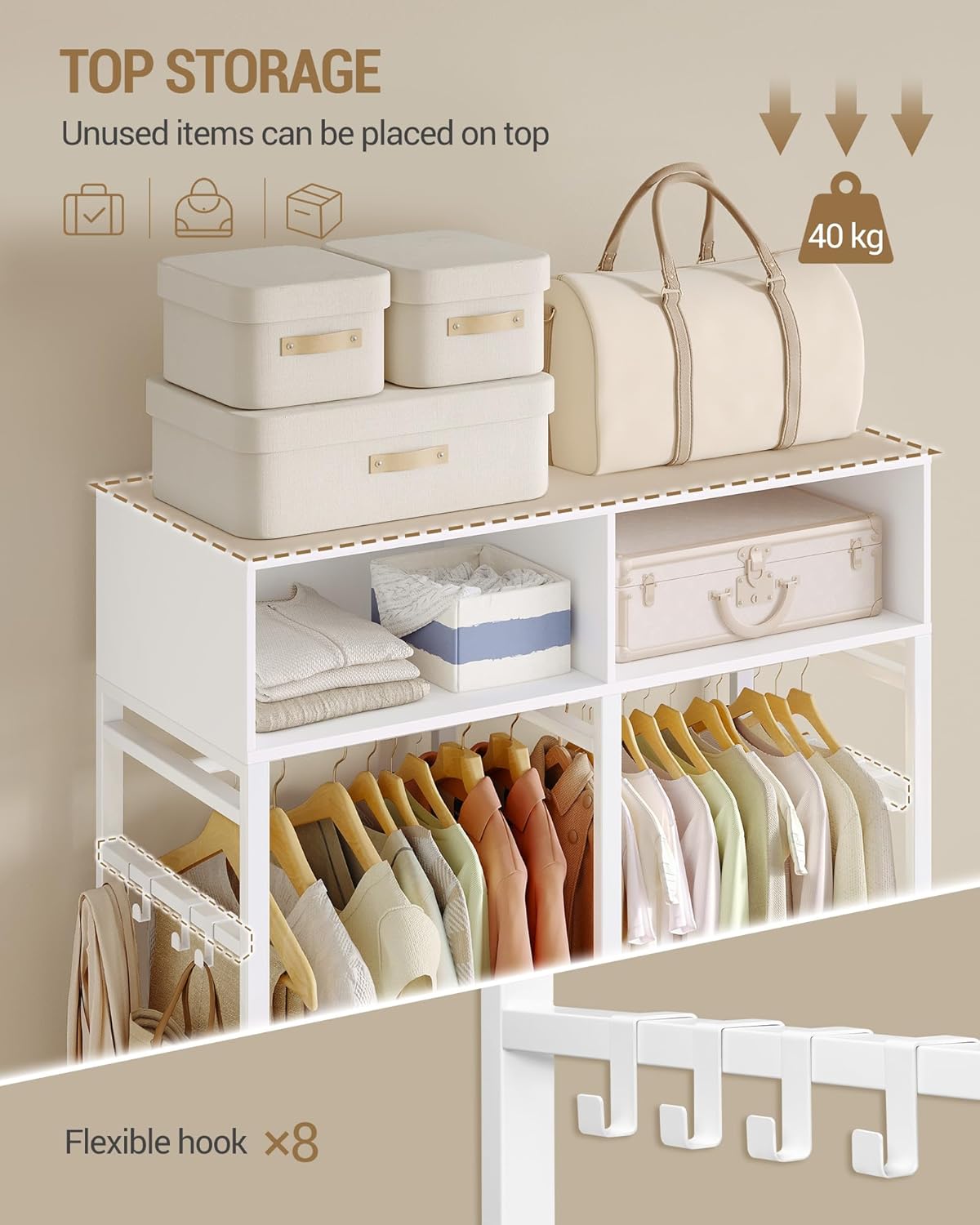 Hzuaneri Wardrobe,Open wardrobe,With 4 wooden drawers,Top storage compartment,Ironwood,Modern style,Suitable for bedrooms and dressing rooms, 39.4 x 16.9 x 72.8 inch, White BW06603W