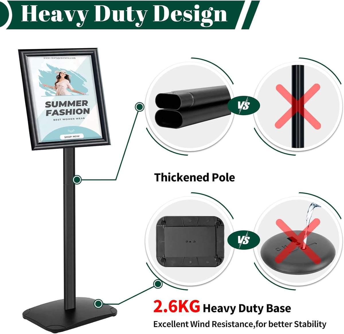 A4 Displaystandaard – Bordstandaard – Bordhouder – Vloerstandaard – Menustandaard – 3-Delige Set Zwart – Verzwaarde Basis 2,6 Kg – Verstelbare 180°/360° Kijkhoek