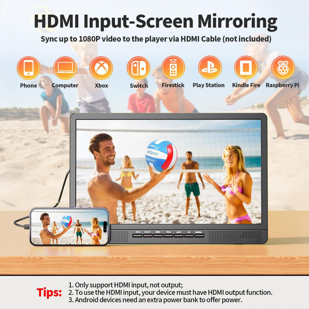Desobry Draagbare 45,7 cm (18 inch) mini-lcd-tv met DVB/T2-tuner, 12 V, HD 1080P, voor camping buiten, slaapkamer, keuken, ondersteunt USB/HDMI/AV-ingangen