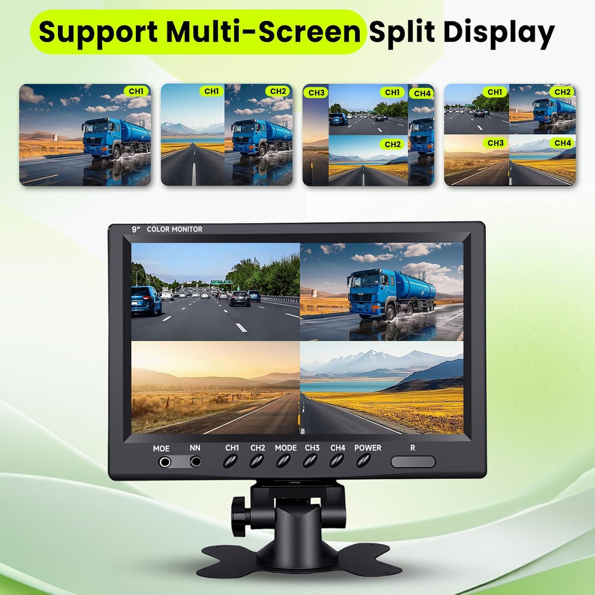Podofo Vans RV achteruitrijcamera set, 9" monitor met 4 camera's, 4-kanaals videosysteem, IP68 nachtzicht, geschikt voor vrachtwagens/campers/auto's.