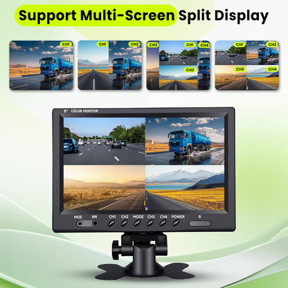 Podofo Vans RV achteruitrijcamera set, 9" monitor met 4 camera's, 4-kanaals videosysteem, IP68 nachtzicht, geschikt voor vrachtwagens/campers/auto's.