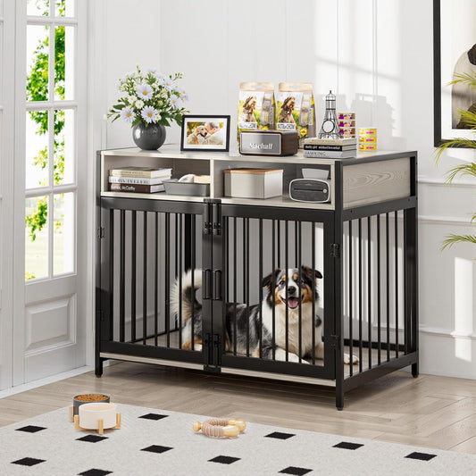 Gimars 94 x 58 x 63 cm Hondenmeubelkist met opbergladen, zwaar uitgevoerde hondenhok binnen voor kleine, middelgrote en grote huisdieren, decoratieve huisdierenkrat voor gebruik binnenshuis