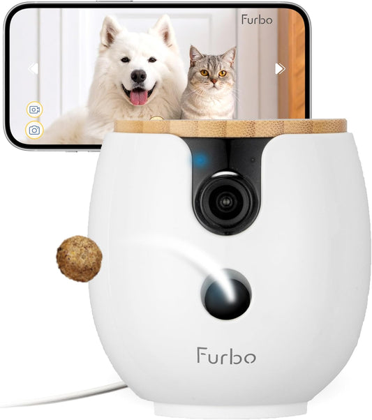 Furbo Mini 360° NIEUWE Pet Camera: Home Security Camera w/Barking/Meowing Alerts, Rotating Pet Treat Dispenser w/Phone App, Smart Indoor Cam with 2-Way Speaker & Night Vision (Geen abonnement vereist)
