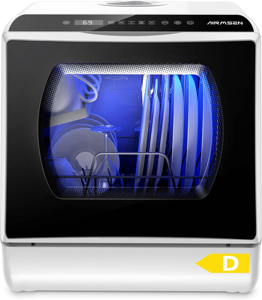 AIRMSEN Mini Tabletop Dishwasher - Improved 6 Programs Portable Countertop Dishwasher No Piping with 2 Water Supply Modes for Kitchen Apartment Outdoor - with Baby Care Mode