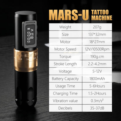 Ambition Mars-U Tattoo Kit Draadloze Tattoo Pen met Dubbele 1800mAh Batterijen, Verstelbare Slag en 20 Glory Naaldpatronen in Gemengde Maten voor Professionals en Beginners