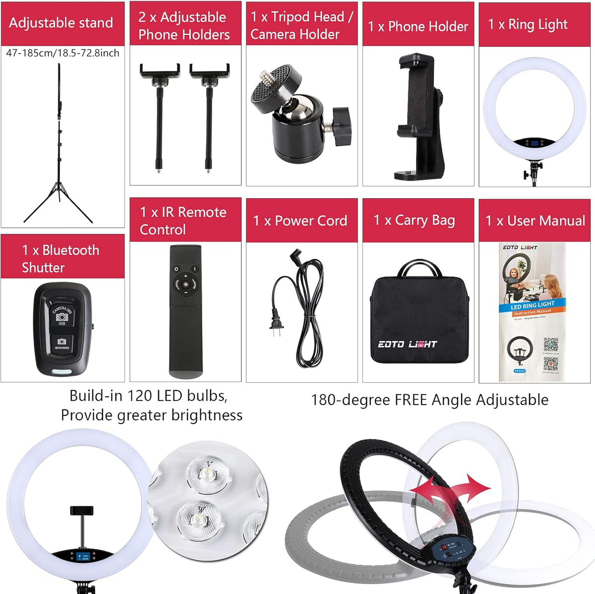 19 inch LED Ring Light LCD Display Touch Screen met statief Dimbare make-up Selfie Ring Light voor Studio Portret YouTube Vlog Video Shooting met draagtas en afstandsbediening, CRI>90