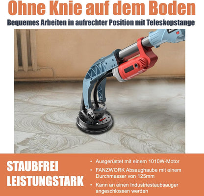 FANZWORK Betonschuurmachine, 1010 W, met telescoopstang tot 1,20 m, inclusief diamantslijpkop van 125 mm en draagtas, instelbare snelheid, ideaal voor het gladmaken van beton