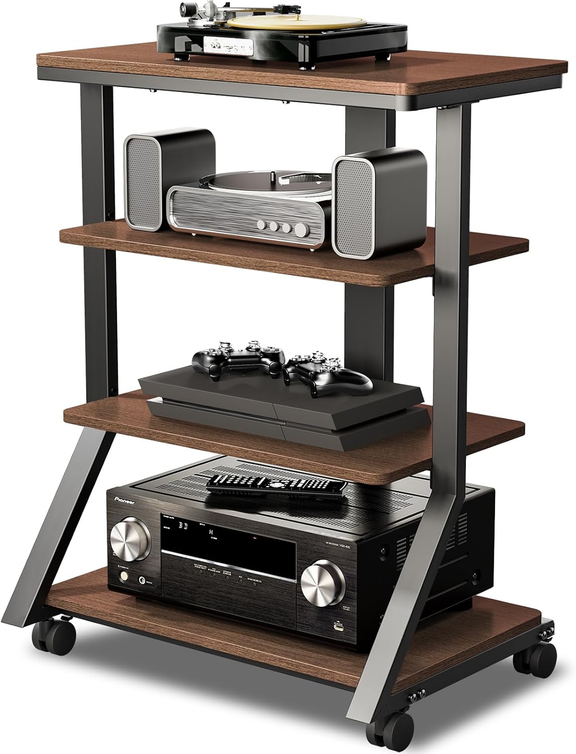 HiFi-rek – Audiorek – Mediameubel – AV-plank – Entertainmentstandaard – 4 niveaus – 8 mm planken, zwenkwielen met vergrendeling
