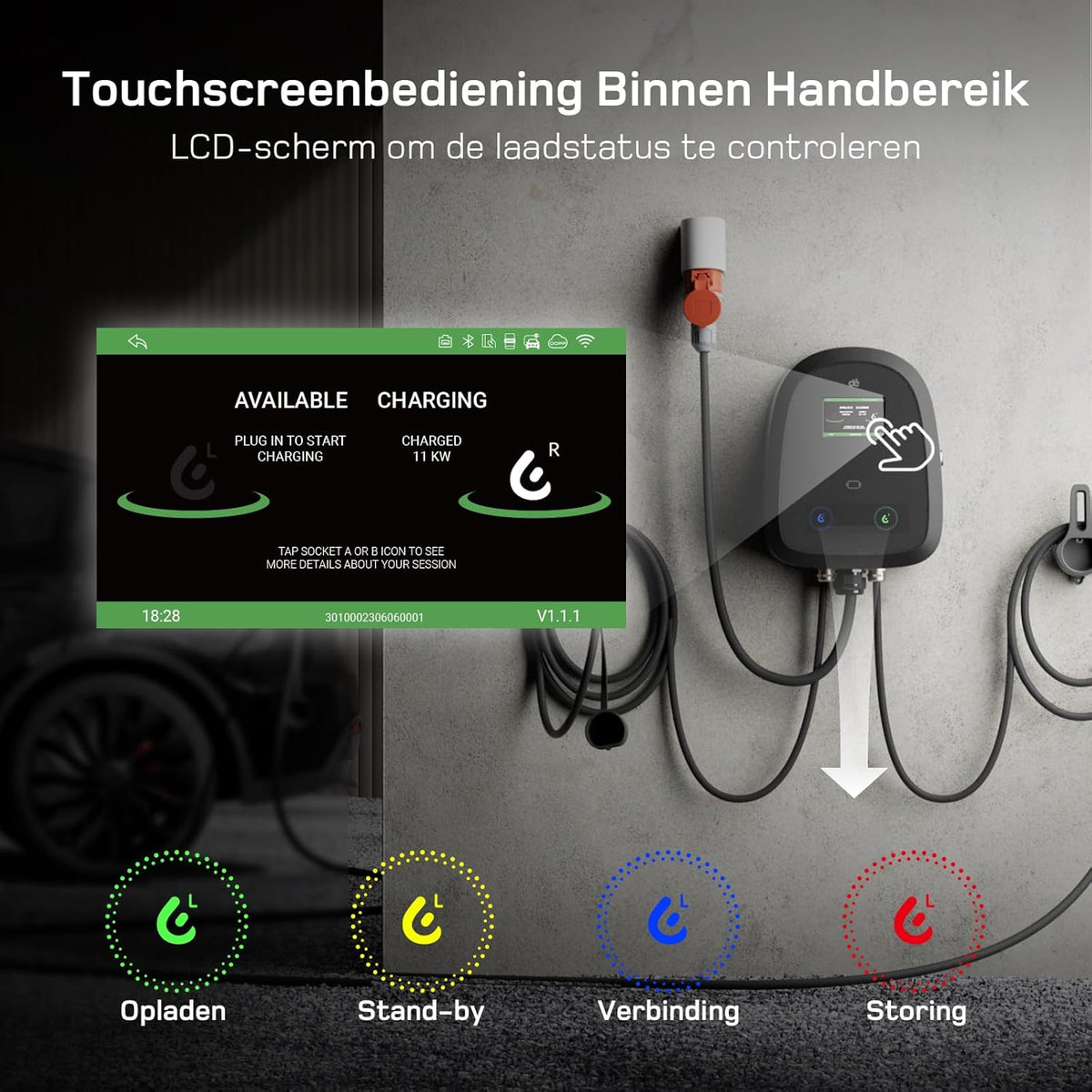 dé Dual-Cable Wallbox 2×11kW [7m+10m, 6-16A, 3-Fase] EV Oplader 11kW met Twee Type 2 Laadkabel met APP, RFID en OCPP-protocollen, Wallbox 11kW Gelijktijdig Opladen van Twee Auto’s, voor BEV/PHEV.