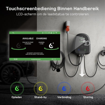 dé Dual-Cable Wallbox 2×11kW [7m+10m, 6-16A, 3-Fase] EV Oplader 11kW met Twee Type 2 Laadkabel met APP, RFID en OCPP-protocollen, Wallbox 11kW Gelijktijdig Opladen van Twee Auto’s, voor BEV/PHEV.