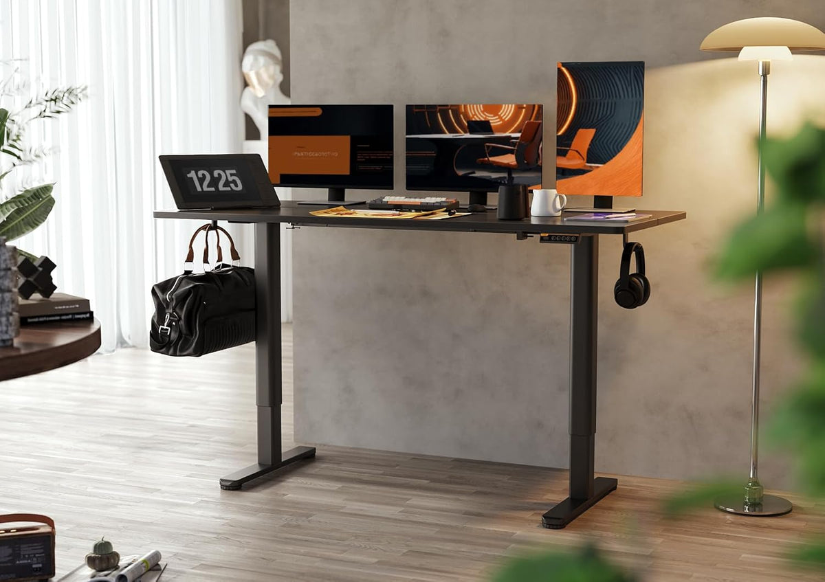 Claiks Electric Standing Desk, Height Adjustable Standing Desk, 140x60cm Sit-Stand Home Office Desk with Split Board, Black Frame/Black Top, P1.01.001 - QUORE