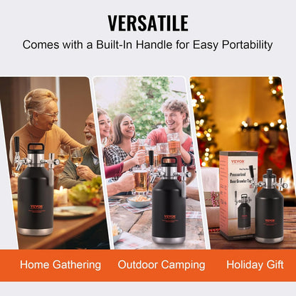 VEVOR Beer Growler Tap System, 120 oz 4L Mini Fat, 304 Roestvrij Staal Onder Druk Bier Growler, Keg Growler met Drukweergave, CO2 Regulator Kraan, Lekvrije Ring Voor Tocht, Homebrew, Craft Bier