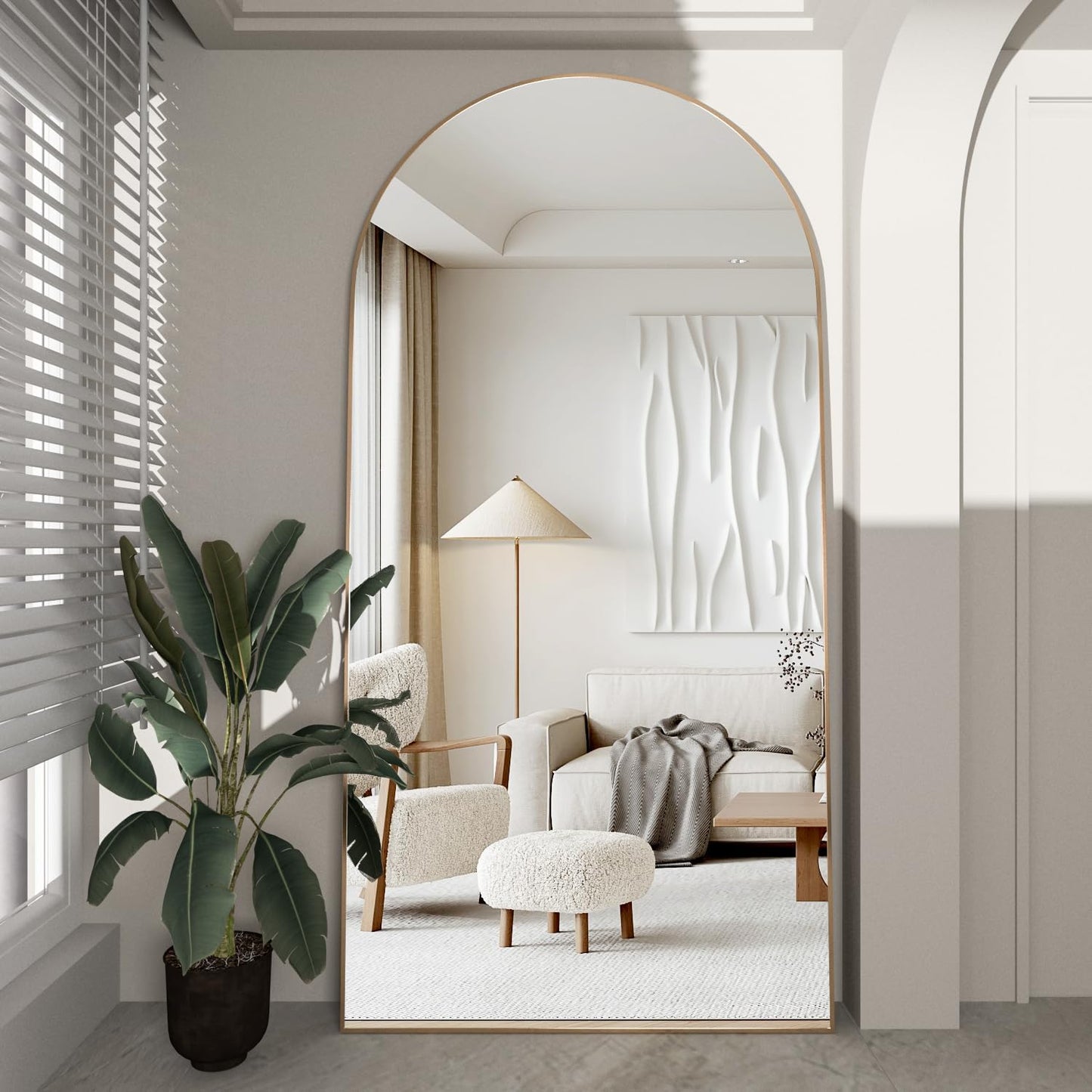 CASSILANDO Boogspiegel met volledige lichaam, 180 x 80 cm, vloerspiegel, vrijstaande full-body spiegel met standaard voor slaapkamer, hangend gemonteerde spiegel voor woonkamer, garderobe, goud