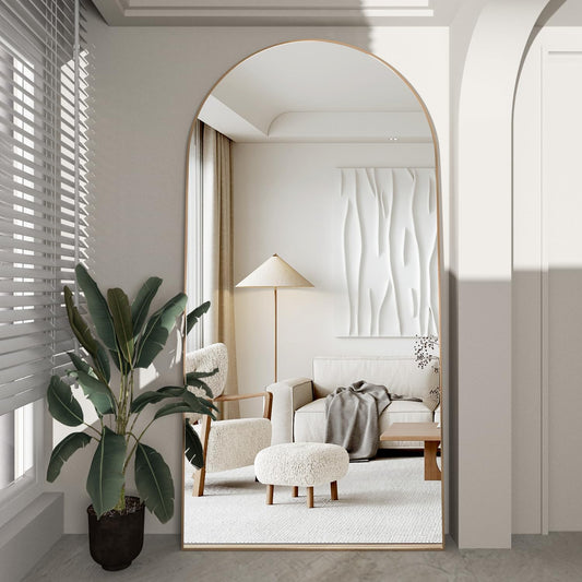 CASSILANDO Boogspiegel met volledige lichaam, 180 x 80 cm, vloerspiegel, vrijstaande full-body spiegel met standaard voor slaapkamer, hangend gemonteerde spiegel voor woonkamer, garderobe, goud
