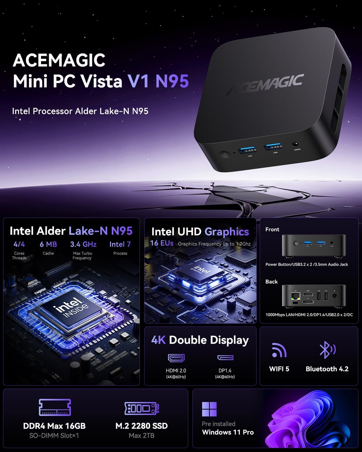 ACEMAGIC Vistia V1 Alder Lake-N95 Mini PC（bis zu 3,4 GHz）， 16GB DDR4 512GB SSD Mini Computer，W11 PRO Micro Desktop Computer Support 4K HDMI+DP/WiFi 5/BT/For Business/Office/Multimedia