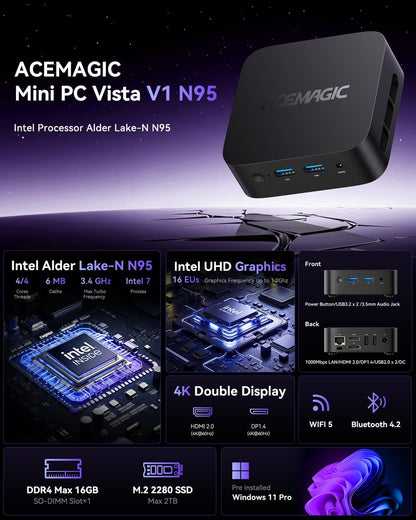 ACEMAGIC Vistia V1 Alder Lake-N95 Mini PC（bis zu 3,4 GHz）， 16GB DDR4 512GB SSD Mini Computer，W11 PRO Micro Desktop Computer Support 4K HDMI+DP/WiFi 5/BT/For Business/Office/Multimedia