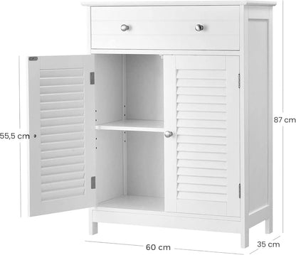 WeHome Jessica Ruimtebesparende badkamerkast, staande kast met verstelbare plank, wit, 60 x 35 x 87 cm, houten kast met 2 deuren en lade bovenaan (wit)