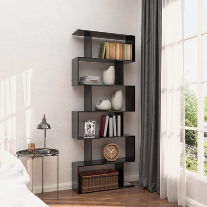 Yusong Boekenplank 6-laags geometrische boekenkast S-vormige boekenplanken voor slaapkamer, moderne houten decoratieve displayplank hoge boekenkast voor thuiskantoor, zwart