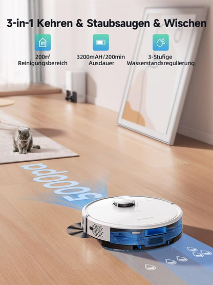 HONITURE Q6 SE robotstofzuiger met dweilfunctie, 3500 Pa stofzuigerrobot met opgeslagen kaarten, ideaal voor dierenharen, tapijten en harde vloeren, looptijd 200 minuten (met 2,5 l zuigstation)