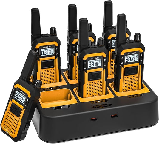 Retevis RB648 Walkie Talkie, IP67 Waterdichte Portofoon met 6-Weg Oplader, 2000mAh Heavy Duty, Dual PTT, Vibratie VOX, Robuuste WalkieTalkies voor Volwassenen, Werkplekken, Industrie (6 Stuks, Geel)