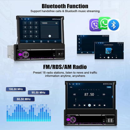 Android 15 Autoradio – 1 DIN Autoradio – Android Autoradio – Multimedia Speler – Car Stereo – 7 Inch Intrekbaar Touchscreen – Draadloze CarPlay & Android Auto