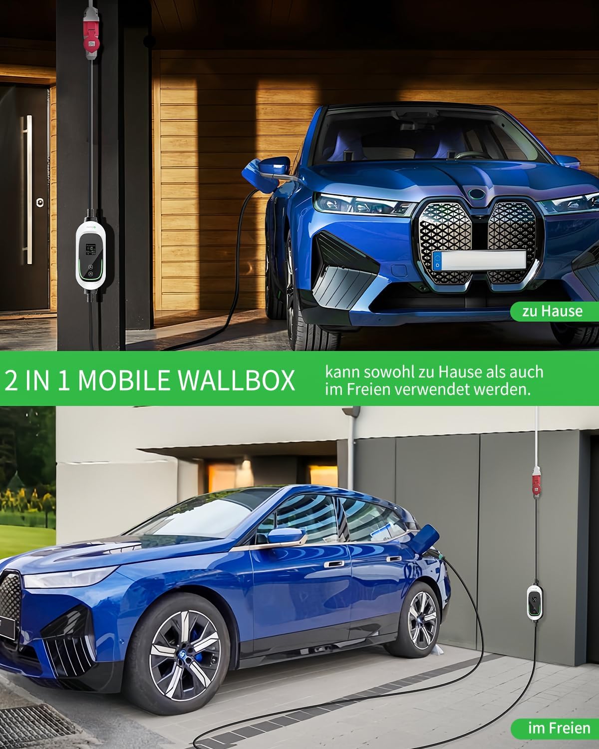 Mobiele Wallbox 11 kW [3-fasig, 12 m, 6-16 A], EV oplader met instelbaar laadvermogen en timerfunctie, type 2 oplaadkabel CEE-stekker voor model Y/3, ID.3, i4, EQB, e-tron enz., wit