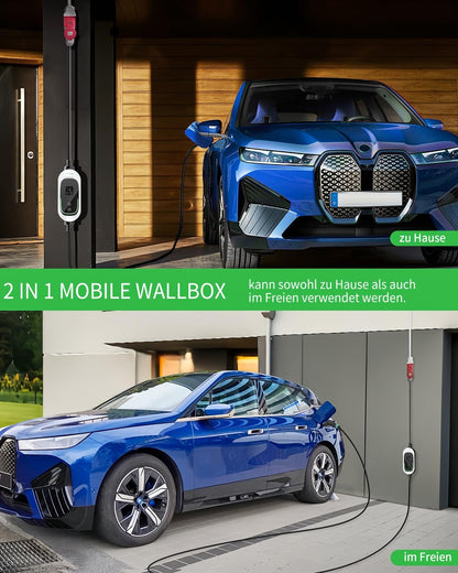Mobiele Wallbox 11 kW [3-fasig, 12 m, 6-16 A], EV oplader met instelbaar laadvermogen en timerfunctie, type 2 oplaadkabel CEE-stekker voor model Y/3, ID.3, i4, EQB, e-tron enz., wit