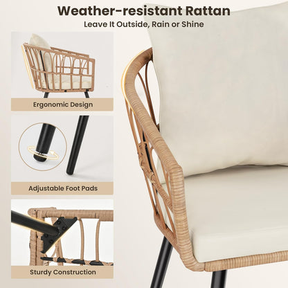 Pamapic 3-delige rotan bistroset, terrasbistroset met 2 stoelen en glazen salontafel, terrasmeubelset voor achtertuin, veranda en tuin