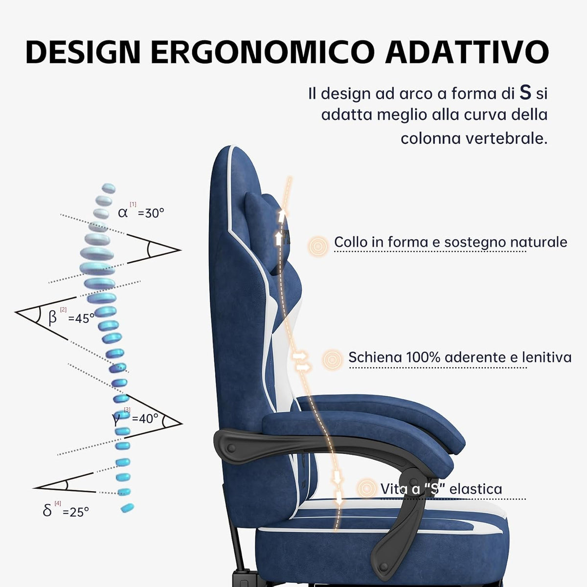 Gaming Stoel – Gamestoel – Bureaustoel – Computerstoel – Werkstoel – Ergonomisch Zitcomfort met Pocketveren en Natuurlijk Latex – Verstelbare Rugleuning en Voetensteun (Blauw)