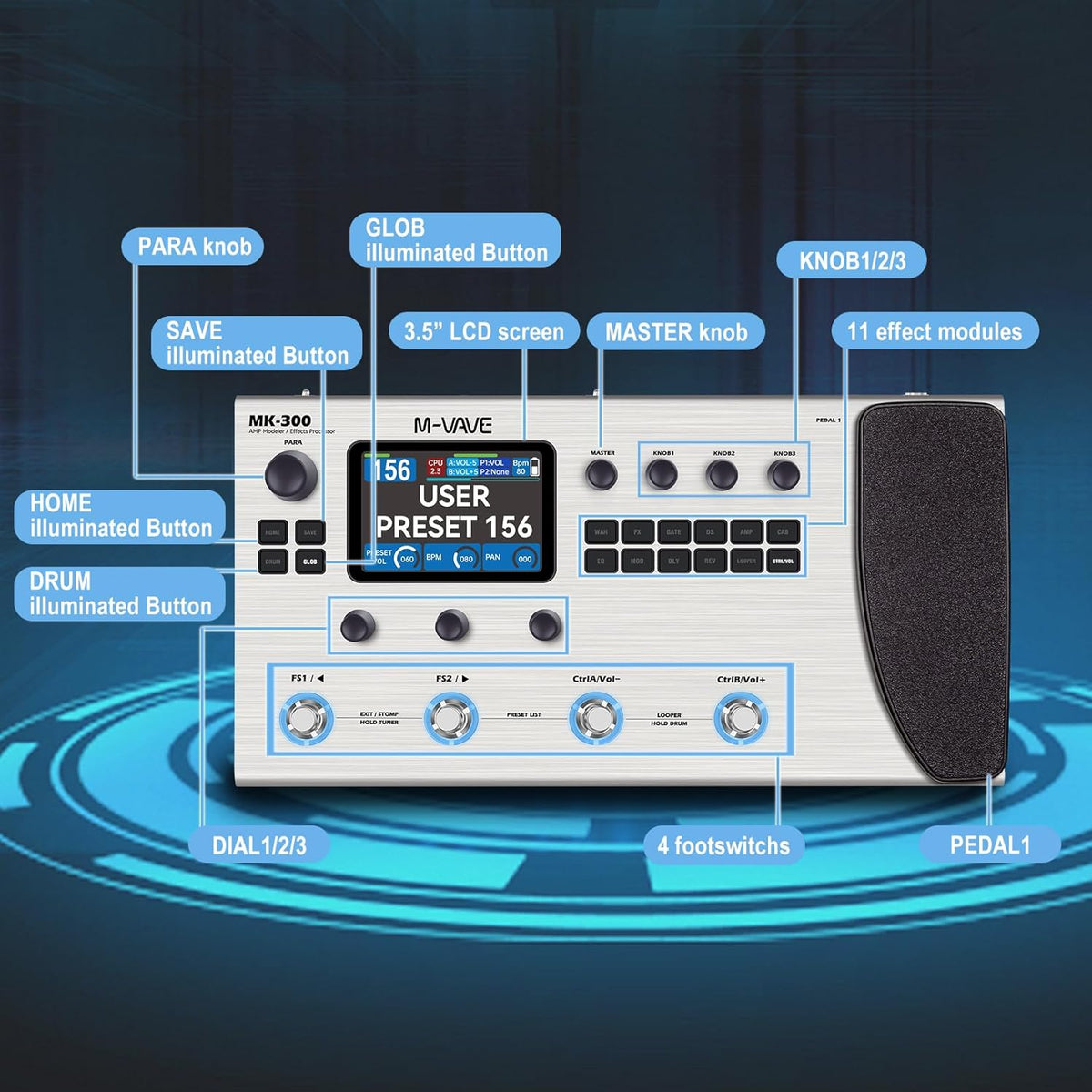 M-Vave MK-300 Multieffectprocessor voor gitaar en bas, 11 modules, meer dan 320 effecten, 120 versterkers, IR-loader, loopper, drumcomputer, BT- en USB-geluidskaart