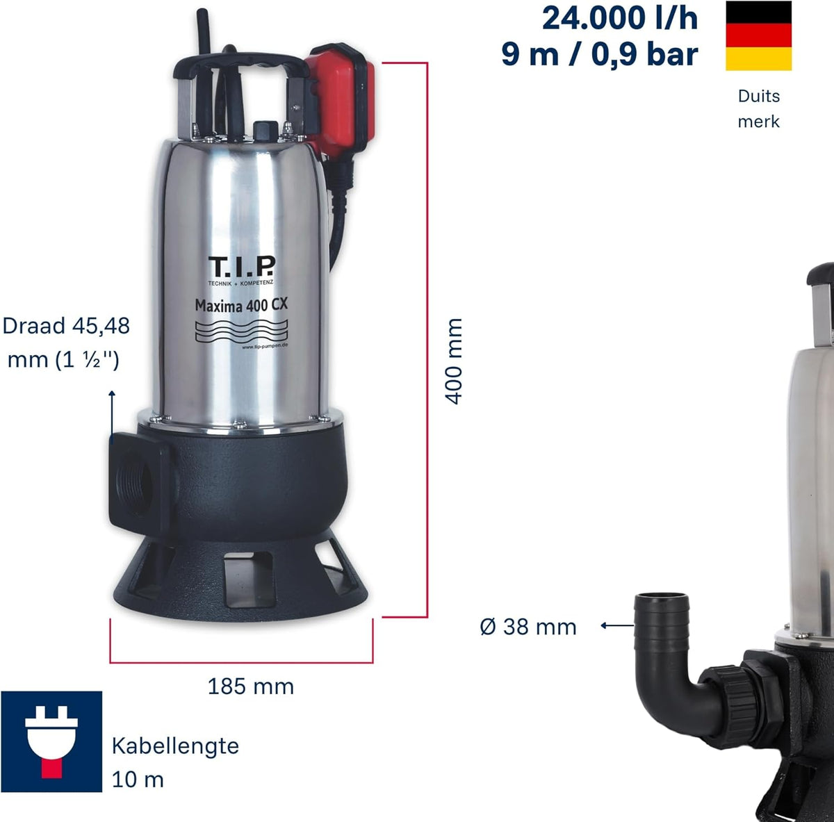 T.I.P. Maxima 400 CX 30140 Vuilwaterpomp, bouwpomp, debiet tot 24.000 l/u, opvoerhoogte max. 9 m/druk max. 0,9 bar, 950 W, met gegoten loopwiel, vergrendelbare vlotterschakelaar